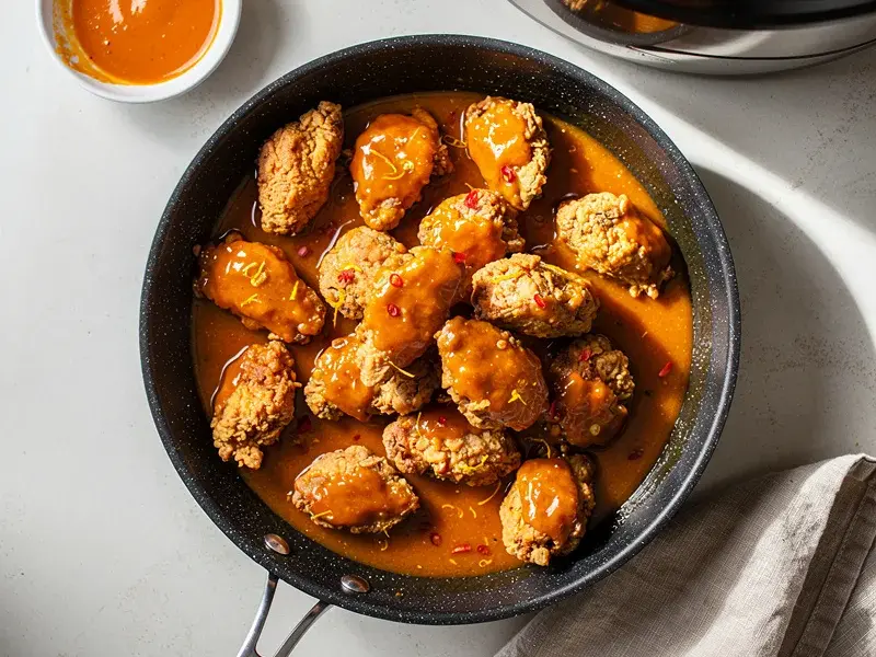 Step 6: Add the fried chicken to the sauce and toss until every piece is evenly coated.