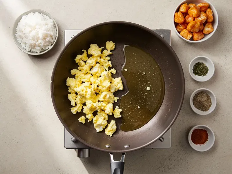 Step 1: Start with the fried rice. Heat 1 tablespoon of vegetable oil in a wok over high