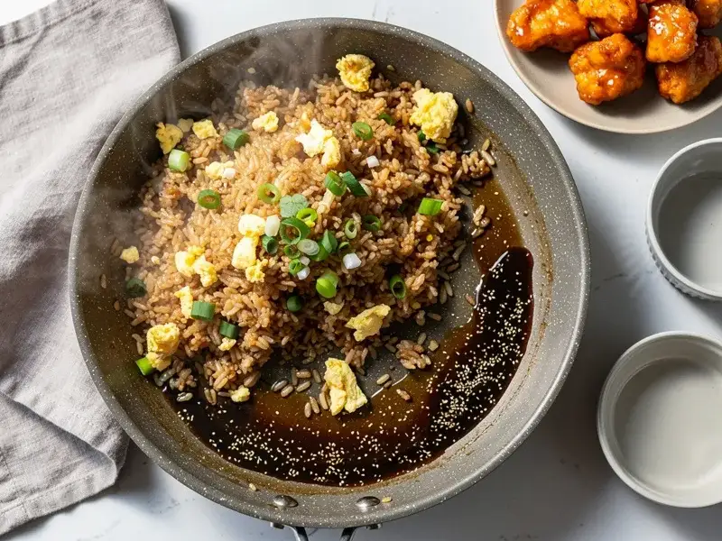 Step 3: Add 2 tablespoons soy sauce, oyster sauce, and white pepper to the rice. Toss to