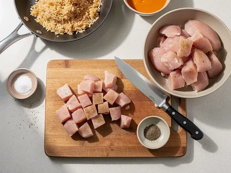 Step 4: For the orange chicken, cut the chicken breasts into 2.5cm (1 inch) cubes. Seaso