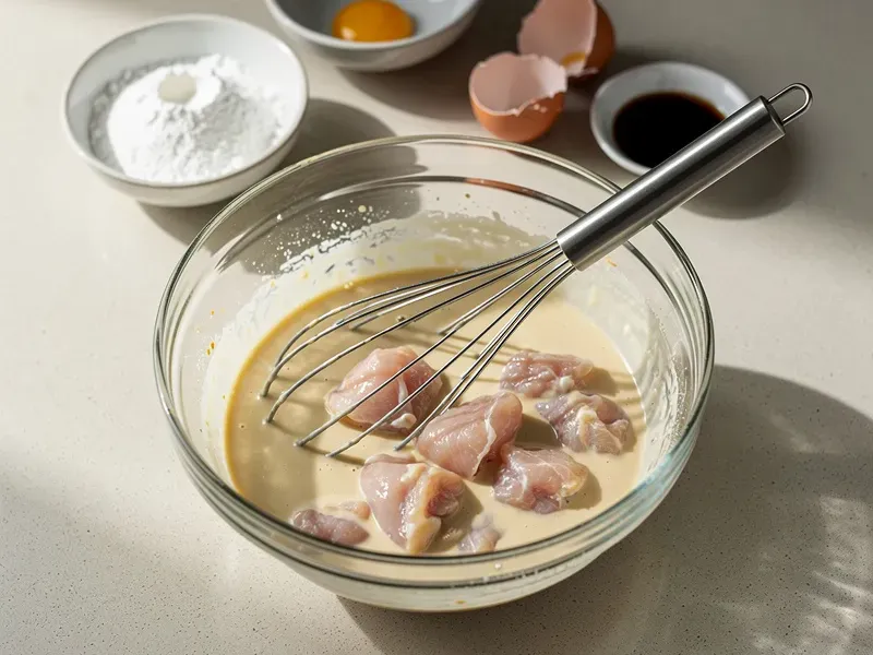 Step 5: Whisk together 1/2 cup cornstarch, 2 eggs, and 1 tablespoon soy sauce to form a