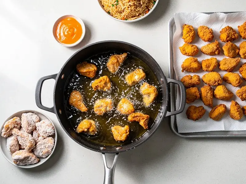 Step 6: Heat vegetable oil in a deep pot to 190C (375F). Fry the chicken in batches for