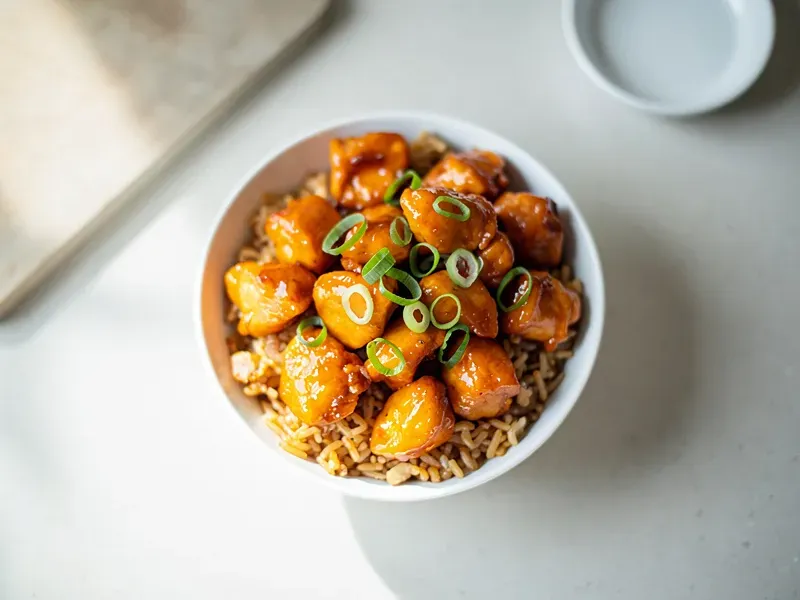 Step 9: To assemble the Panda Bowl, scoop the fried rice into a bowl. Top with the orang