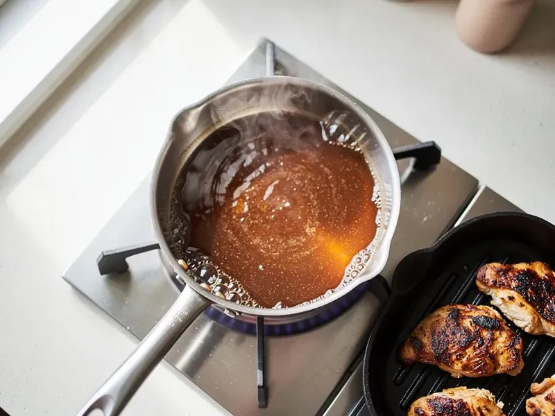 Step 4: While the chicken grills, pour the reserved sauce into a small saucepan. Bring i