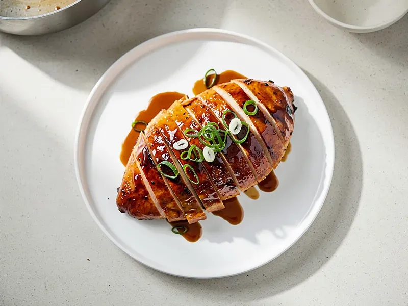 Step 6: Let the chicken rest for 3 minutes, then slice against the grain into 1.3cm (1/2