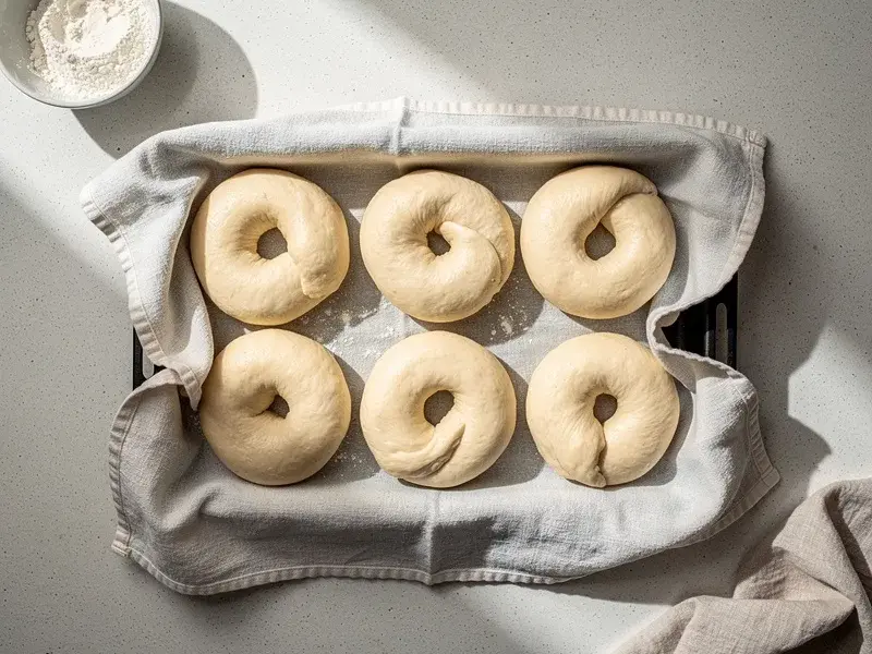 Step 4: Cover the bagels with a damp towel and let them rest at room temperature for 20