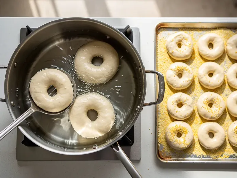 Step 6: Boil the bagels 2 or 3 at a time for 60 seconds per side, flipping once with a s