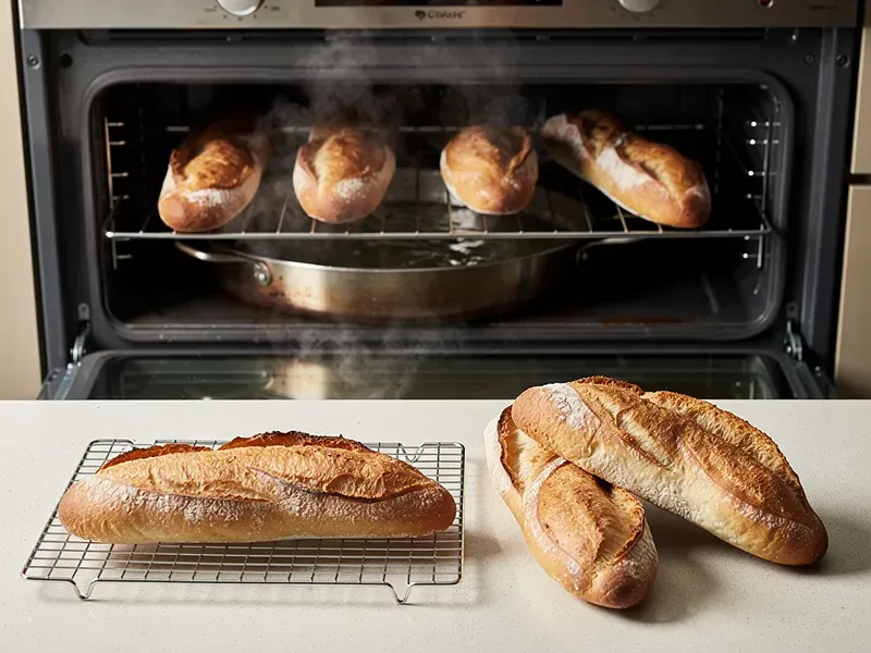 Step 7: Place the baguettes in the oven and immediately pour 240ml (1 cup) of hot water