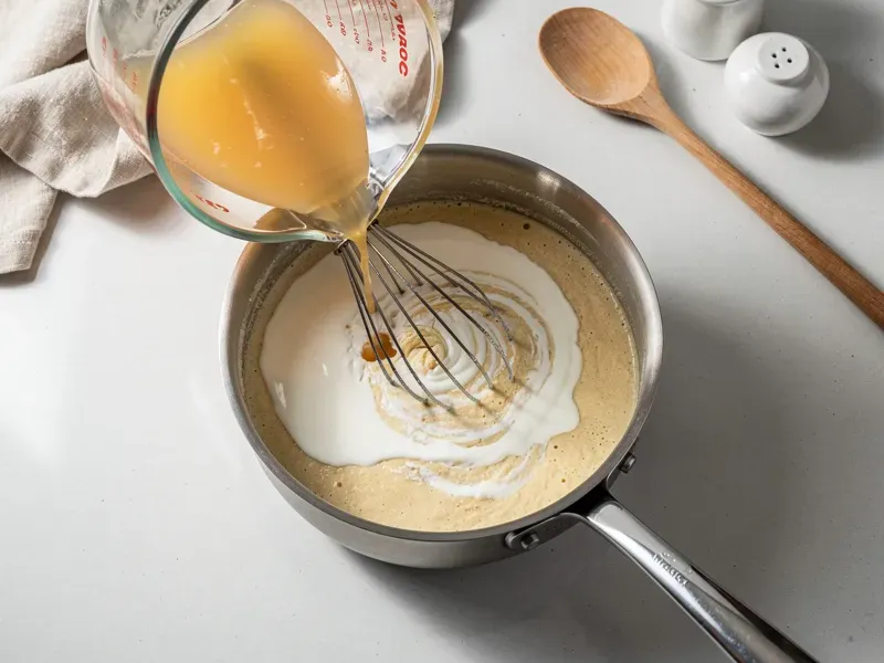Step 2: Slowly pour in the chicken broth while whisking continuously to prevent lumps. A