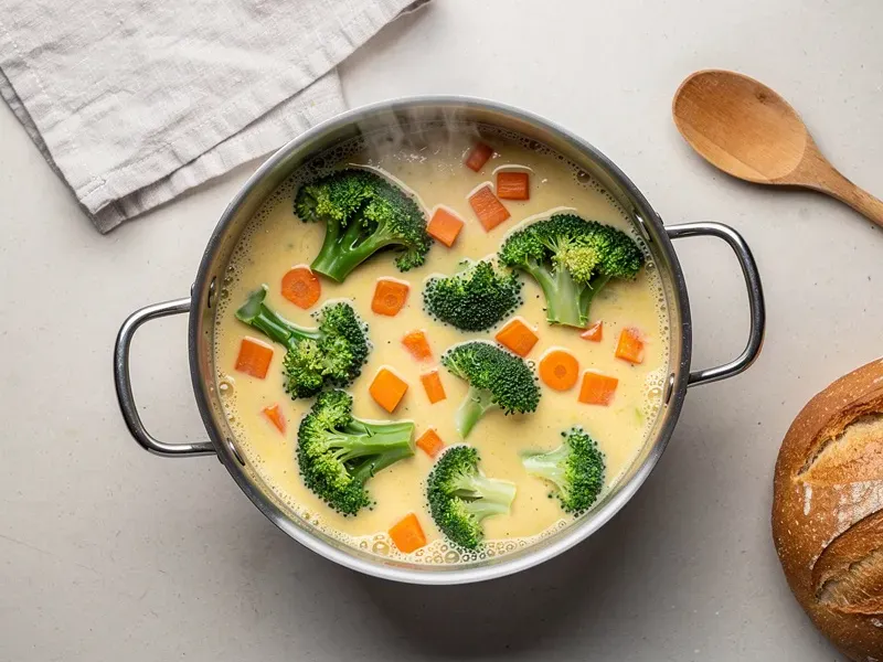 Step 3: Add the broccoli florets and diced carrot. Bring to a gentle simmer and cook for