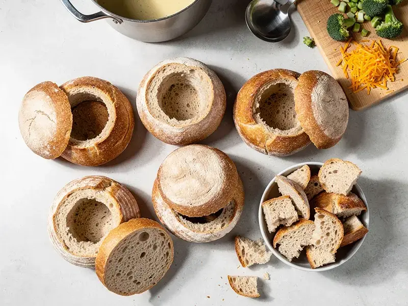Step 5: For the bread bowls, cut the top off each sourdough boule about 2.5cm (1 inch) f