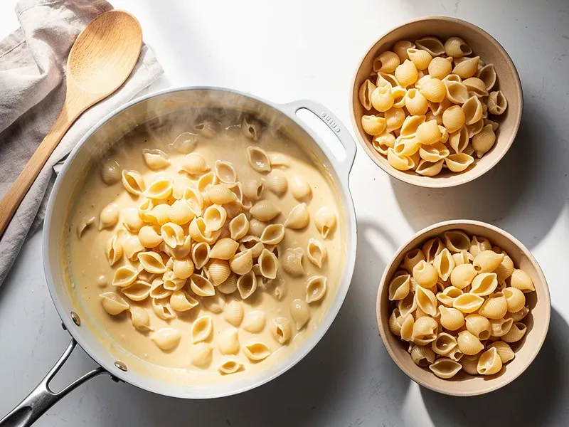 Step 6: Add the cooked shell pasta to the cheese sauce and fold gently until every shell