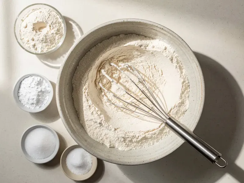 Step 2: Whisk together the flour, baking powder, sugar, and salt in a large bowl.