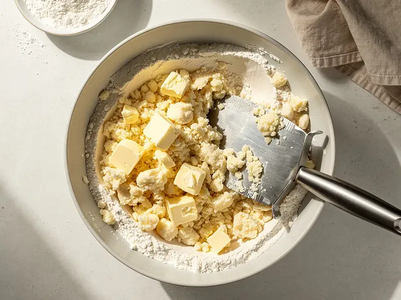 Step 3: Add the cold cubed butter and cut it into the flour using a pastry cutter or you