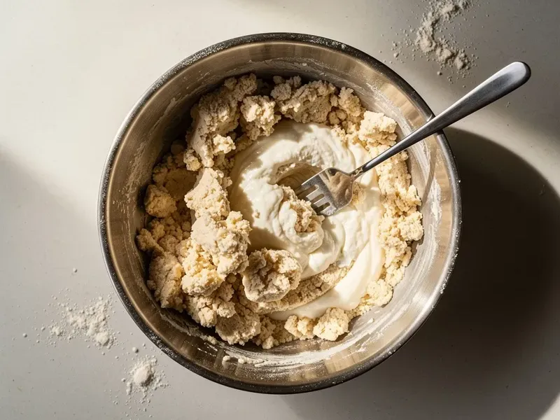 Step 4: Pour in the cold buttermilk and stir gently with a fork until a shaggy dough for