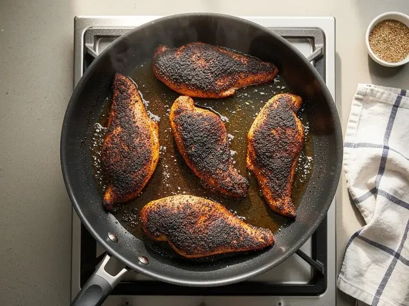 Step 4: Place the seasoned chicken strips in the hot skillet. Cook for 3 to 4 minutes pe