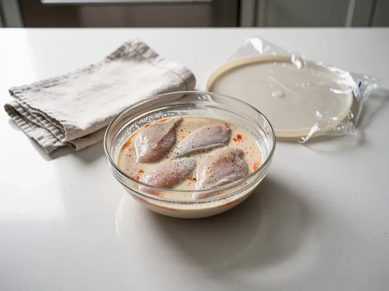 Step 1: Mix the buttermilk and hot sauce in a bowl. Submerge the chicken breast, cover,