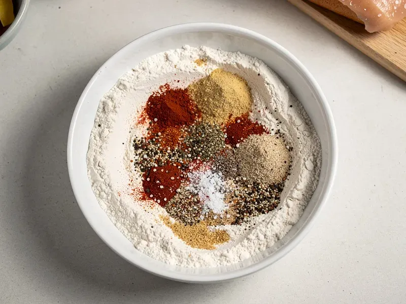 Step 2: In a shallow dish, combine the flour, garlic powder, onion powder, cayenne, papr