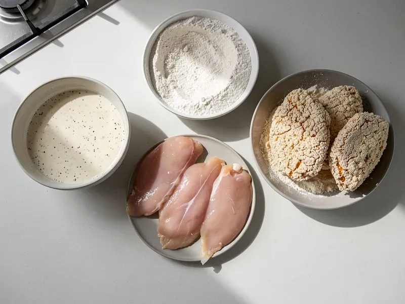 Step 3: Remove chicken from the buttermilk marinade. Dip into the flour mixture, then ba