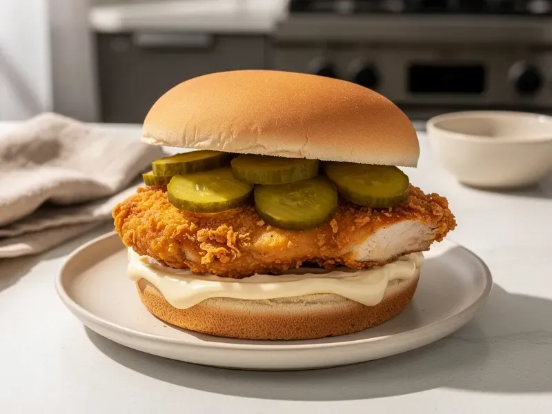 Step 6: Assemble the sandwich: spread mayonnaise on the bottom bun, place the fried chic