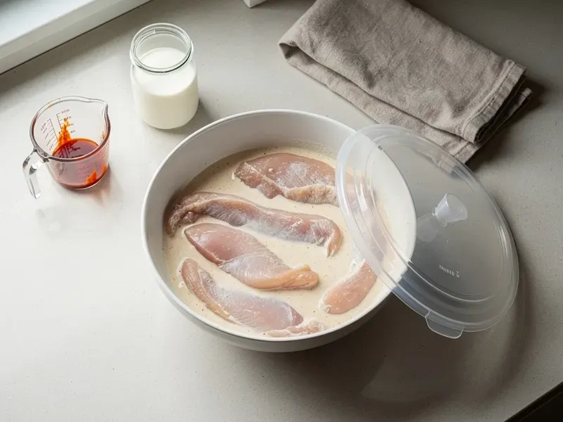 Step 1: Mix the buttermilk and hot sauce in a bowl. Add the chicken strips, cover, and r