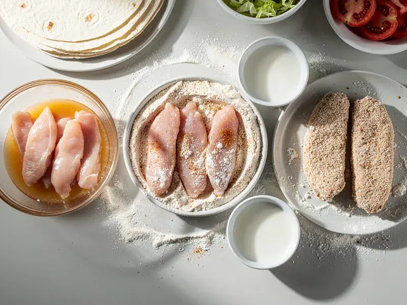 Step 3: Remove the chicken strips from the marinade. Dredge each strip in the flour mixt
