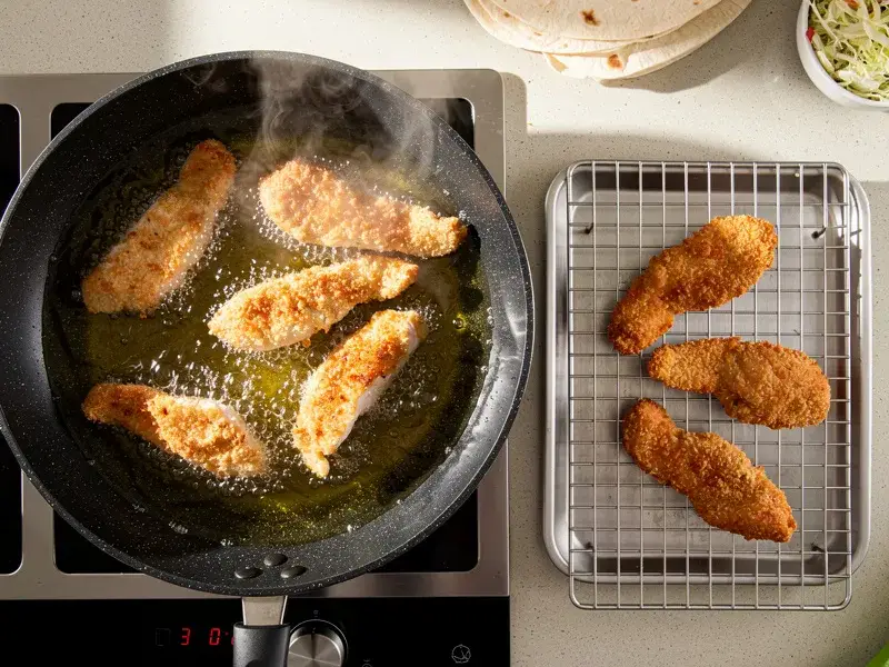 Step 4: Heat vegetable oil in a deep skillet to 175C (350F). Fry the chicken strips for