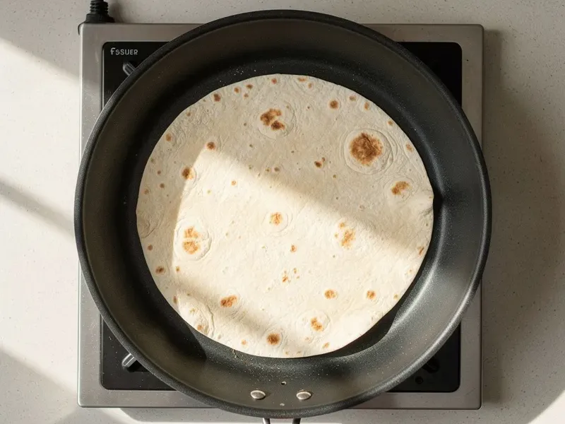 Step 5: Warm the tortilla in a dry skillet over medium heat for about 20 seconds per sid