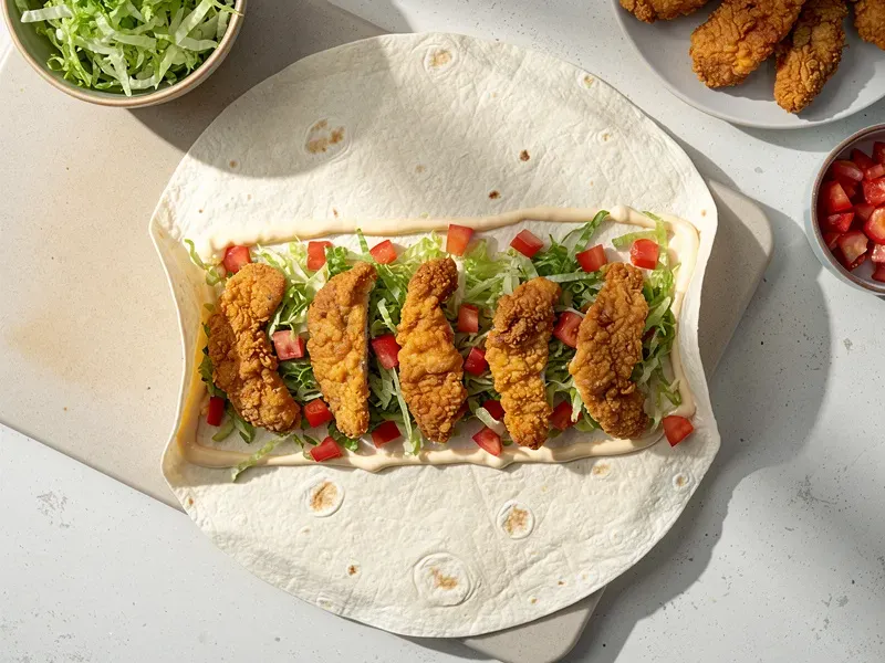 Step 6: Spread mayonnaise down the center of the tortilla. Layer the shredded lettuce an