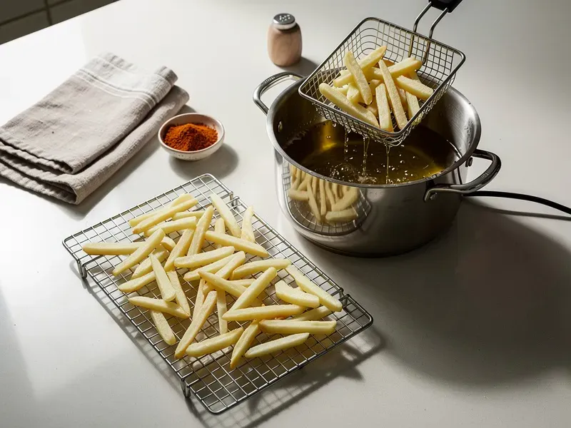 Step 3: Heat the oil to 150C (300F) in a deep pot or fryer. Par-cook the fries in batche