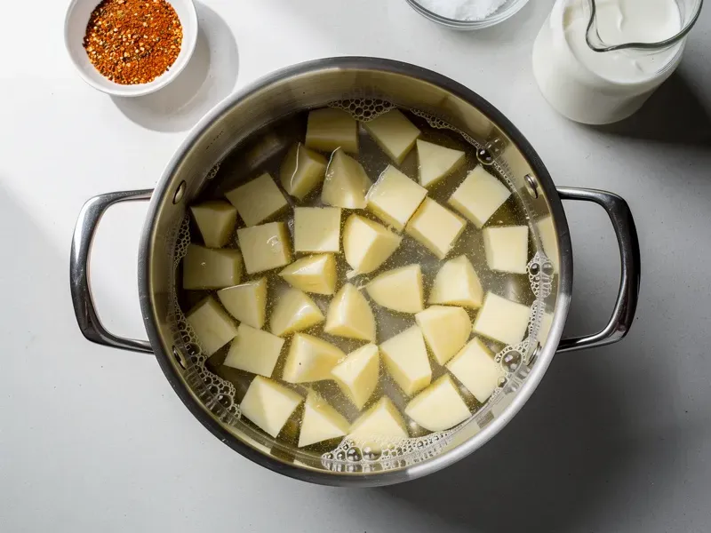 Step 1: Place the potato cubes in a pot and cover with cold salted water. Bring to a boi