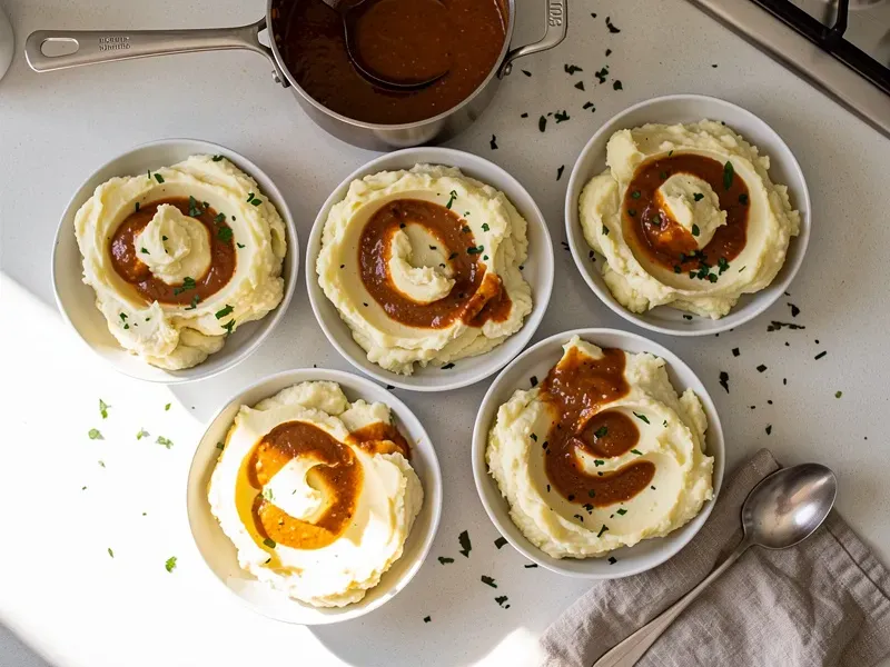Step 5: Spoon the mashed potatoes into serving bowls and ladle the Cajun gravy generousl