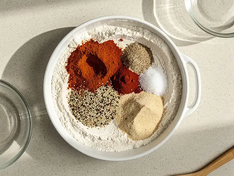 Step 2: In a shallow dish, mix the flour, garlic powder, onion powder, cayenne, paprika,