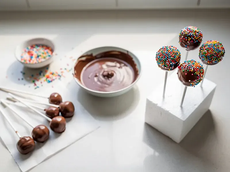 Step 7: Dip each cake pop into the melted chocolate, tapping gently to remove excess. Im