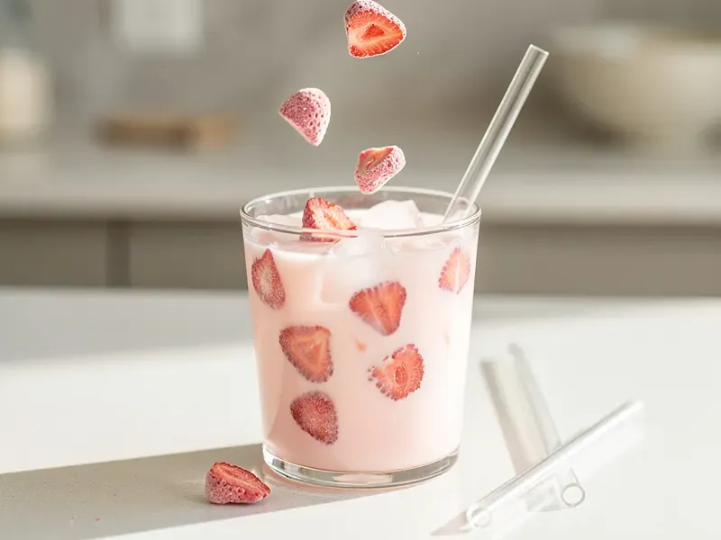 Step 5: Drop the freeze-dried strawberries into the glass. They will rehydrate slightly