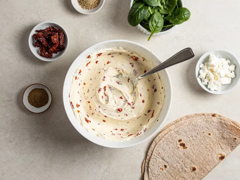 Step 1: Mix the softened cream cheese with the chopped sun-dried tomatoes and garlic pow