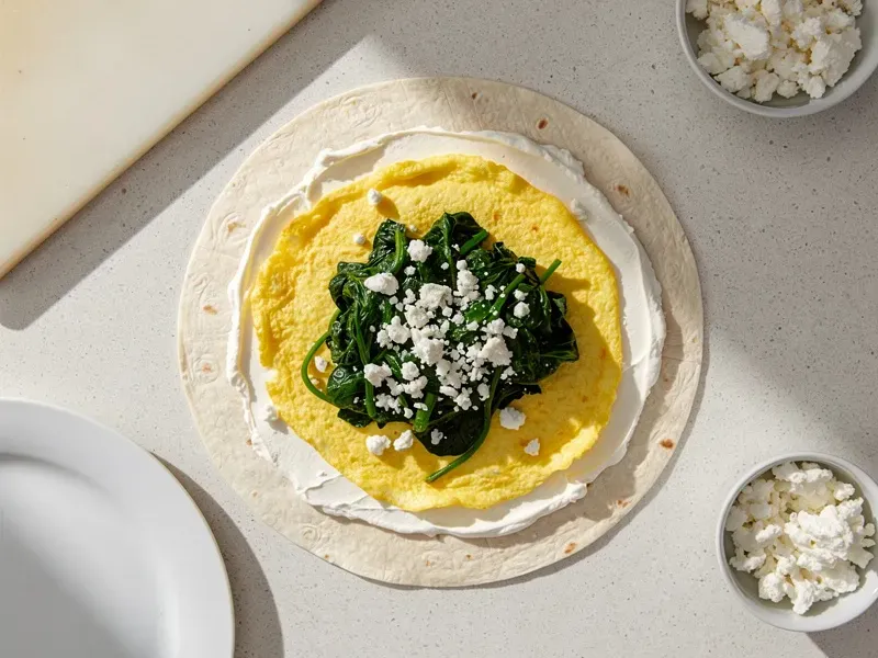 Step 5: Place the egg white frittata on top of the cream cheese, add the wilted spinach,