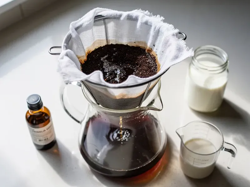 Step 2: Strain the cold brew through a fine mesh sieve lined with cheesecloth or a paper