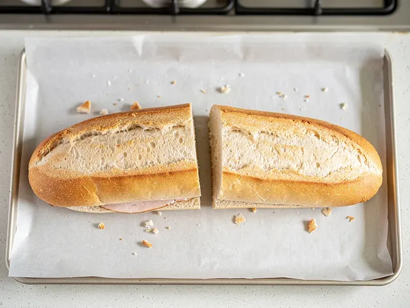Step 2: Remove the roll from the oven and let it cool for 1 minute. Slice it lengthwise,