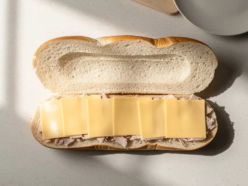 Step 4: Layer the American cheese slices along the bottom half of the roll, spacing them