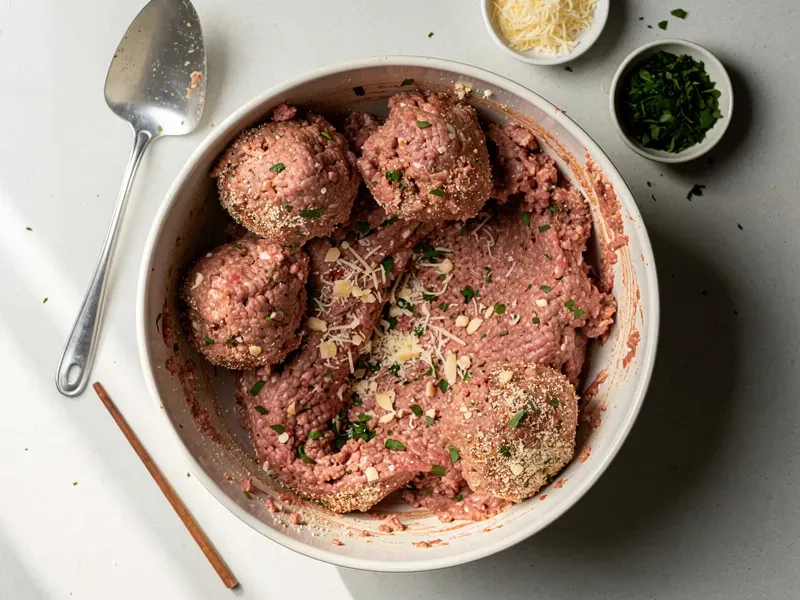 Step 2: In a large bowl, combine the ground beef, ground pork, breadcrumbs, egg, minced