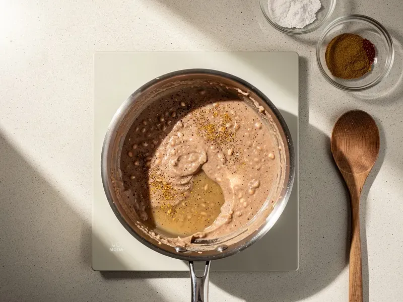 Step 1: Heat the refried beans in a small saucepan over medium heat with 1/2 tsp cumin,