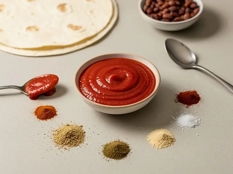 Step 2: Make the red sauce by mixing 2 tbsp tomato sauce, 1/2 tsp cumin, 1/4 tsp chili p