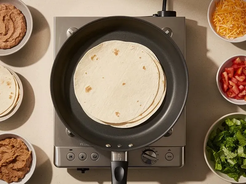 Step 3: Warm each flour tortilla on a dry skillet over medium heat for about 15 seconds