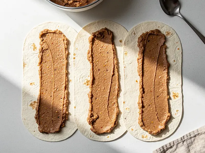 Step 4: Spread a generous layer of seasoned refried beans down the center of each tortil