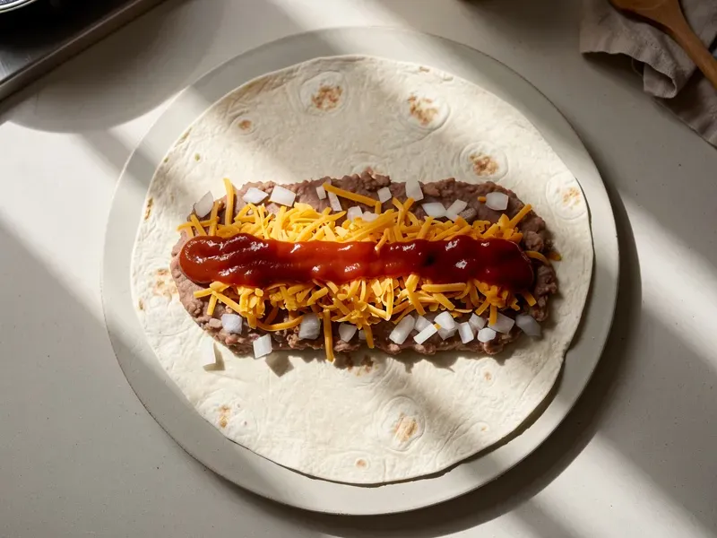 Step 5: Top with shredded cheddar cheese, diced white onion, and a drizzle of the red sa