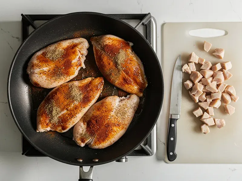 Step 1: Season the chicken breasts with cumin, chili powder, garlic powder, onion powder
