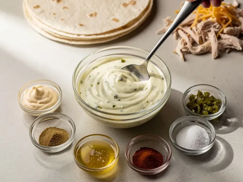 Step 2: Make the creamy jalapeño sauce by mixing 3 tbsp mayo, 1 tbsp pickled jalapeño ju