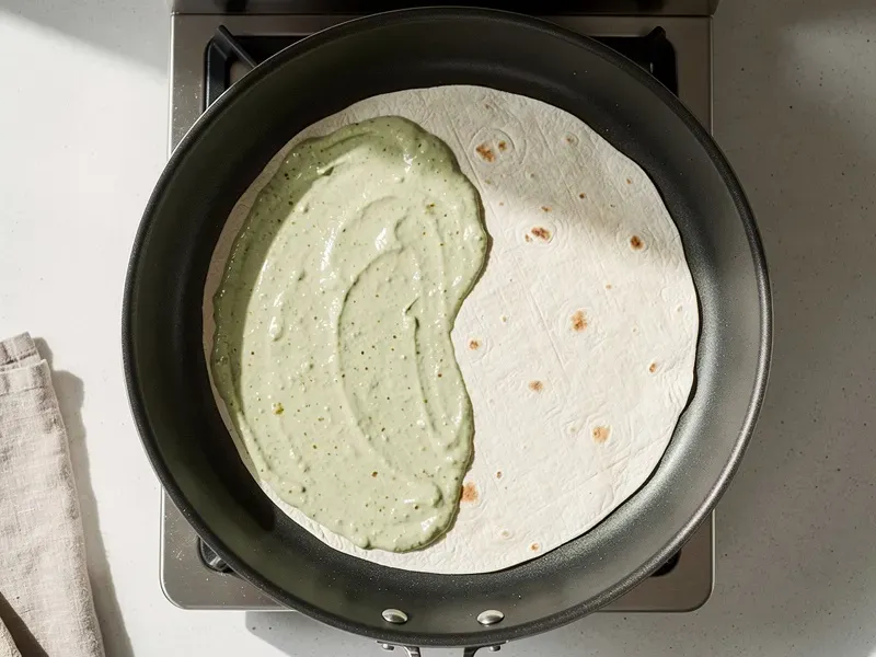 Step 3: Place a large flour tortilla on a dry skillet over medium heat. Spread half of t