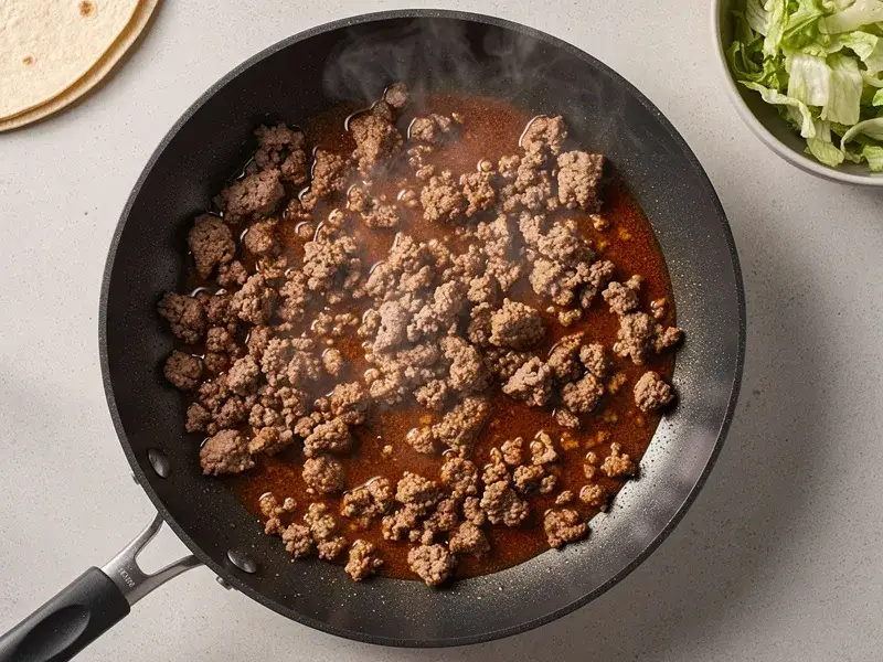 Step 1: Cook the ground beef in a skillet over medium-high heat until browned. Drain exc